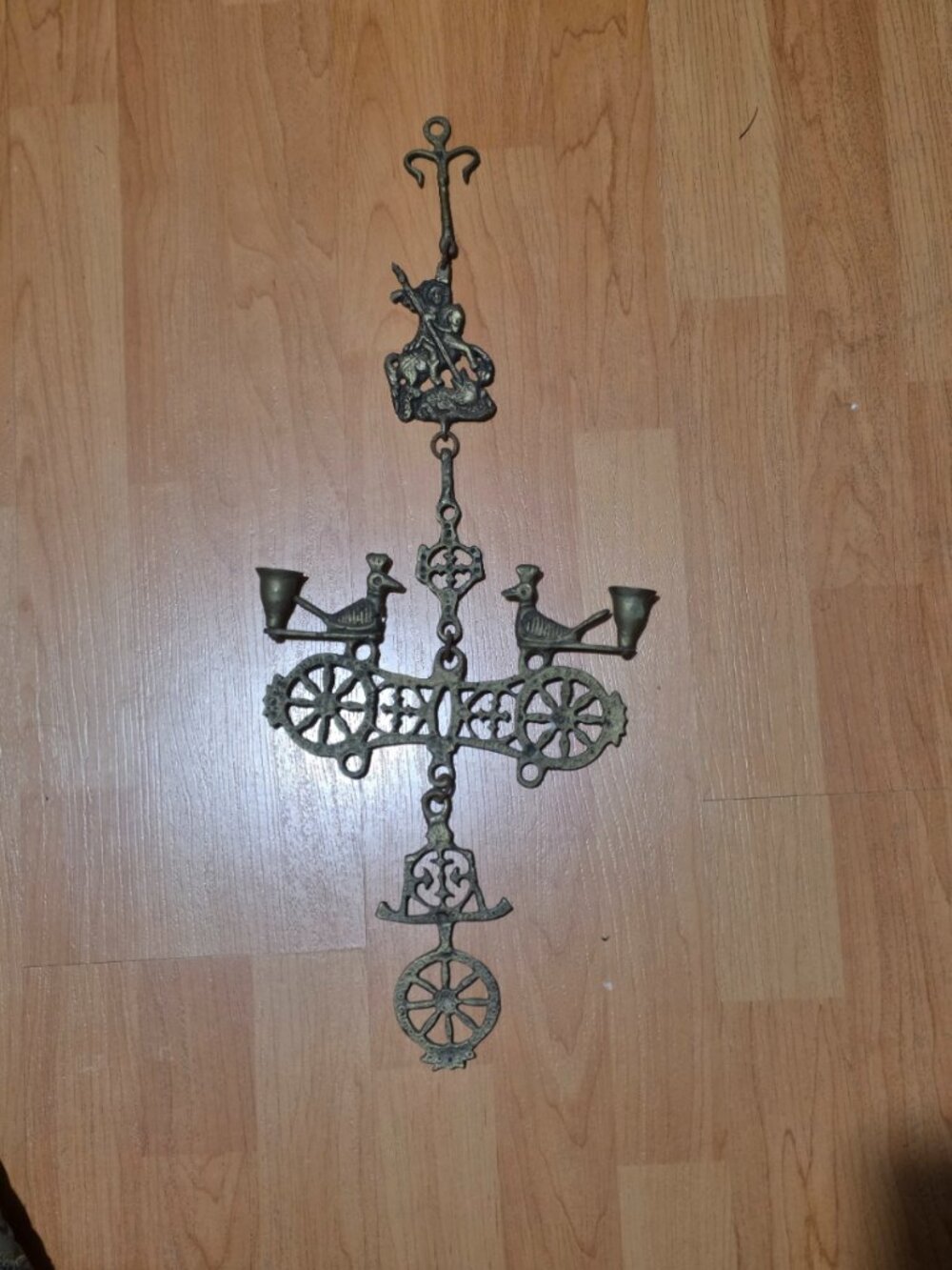 Vintage Cast Brass St. George Dragon Wall Candle Holder Bird Motif Décor